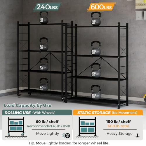 4-Tier Foldable Metal Storage Shelves with Wheels - Large Capacity Organizer, Black Plus