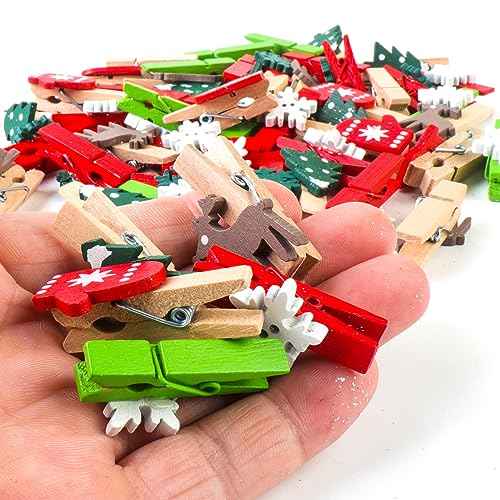 Mini Christmas Wooden Clips 120PCS, Christmas Photo Clips, Christmas Tree Clothespins for Christmas Hanging Photos and Party Decorations