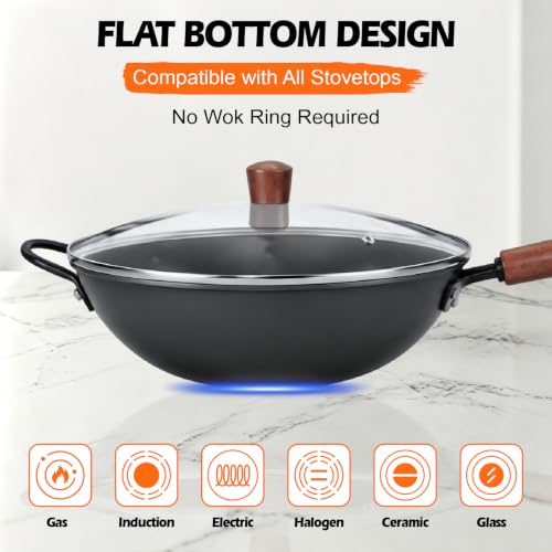13-Inch Carbon Steel Wok Pan with Glass Lid, Flat Bottom, Pre-Seasoned, Nitrided Technology