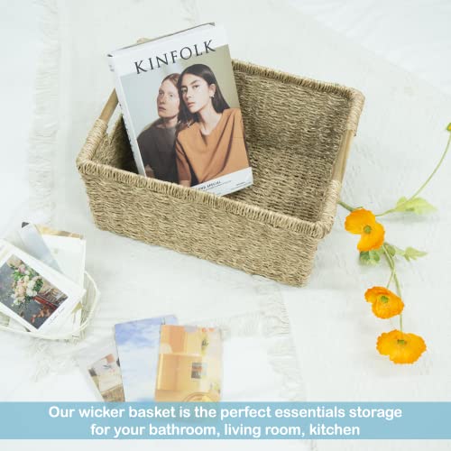 Seagrass Wicker Basket Set - Large Rectangular Storage Baskets with Wooden Handles, 3 Pack