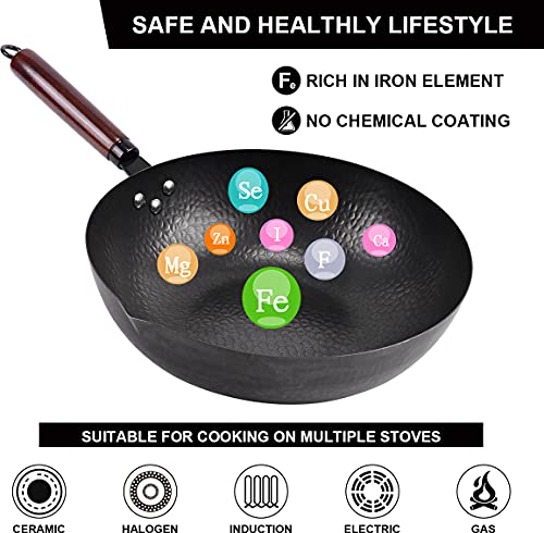12.8-Inch Carbon Steel Wok with Lid and Accessories Set - Non-Stick Honeycomb Design