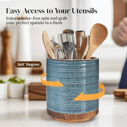 DOWAN Blue 7.6-Inch Rotating Extra Large Kitchen Utensil Holder - Farmhouse Style