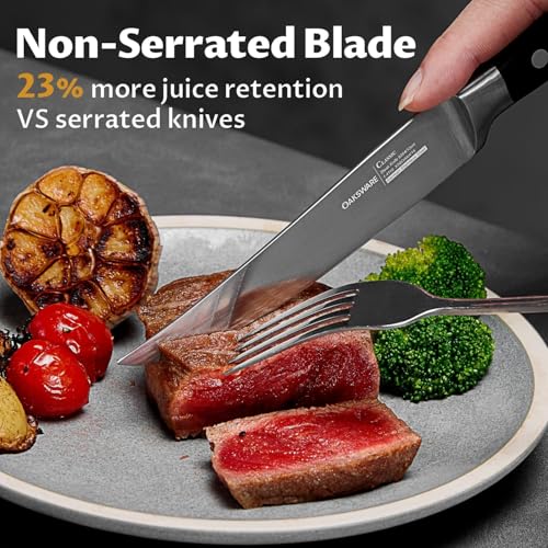 OAKSWARE Walnut Block Set of 8 Non-Serrated Steak Knives, 5-Inch High-Carbon Steel