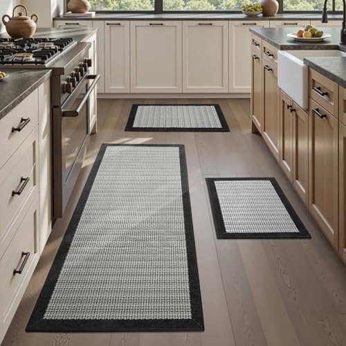Extra Large Kitchen Runner Rug and Mat Set - 3 Pieces, Black - Non-Slip, Washable