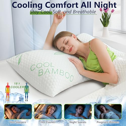 Green-White Bamboo Cooling King Pillows Set of 2 - Adjustable Memory Foam, Sleep Support