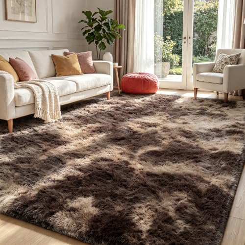 Mottled Brown 8x10 Area Rugs for Living Room, Fluffy Shag Rug Large