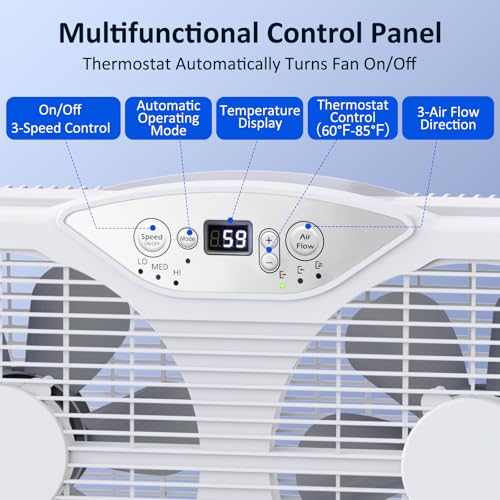 Twin Window Fan with Reversible Airflow, 3-Speed Thermostat Control, Expandable Fit