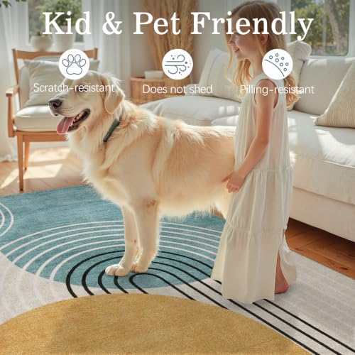 DCX 6' x 9' Blue & Yellow Washable Non-Slip Rug - Low Pile, Modern Design