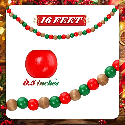 16ft Wooden Bead Garland Christmas Decor Red & Green Tree Ornament