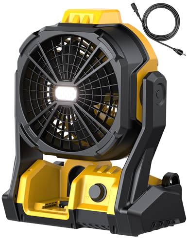 Yellow Battery Operated Camping Fan with LED Light, Cordless & Corded, Variable Speed, Hanging Hook - Light Yellow