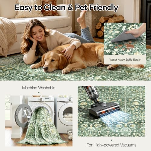 Sage Green 9x12 Washable Area Rug - Non-Slip Boho Living Room Carpet