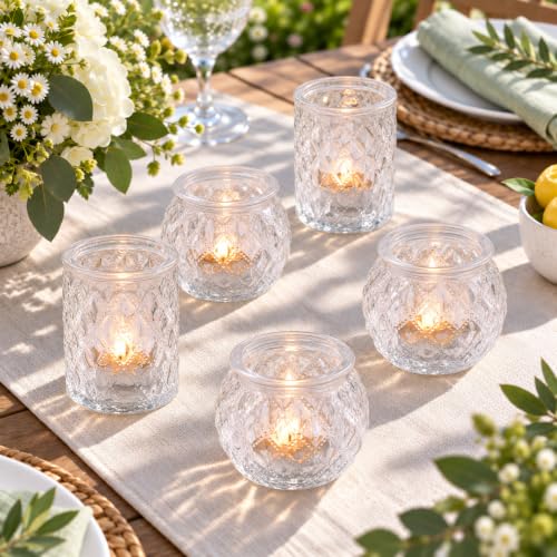 Denking 36 Pack Clear Votive Candle Holders - Mixed Cylindrical & Rounded for Centerpieces
