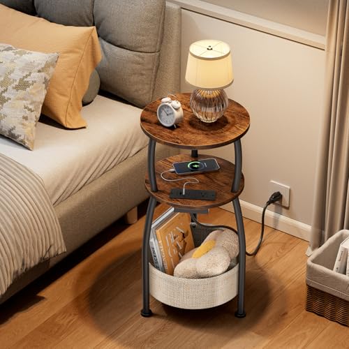 Yuede Rustic Brown Round Side Table with Charging Station - 11.81" Dia