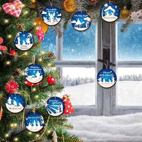 36 Pcs Nativity Scene Christmas Tree Ornaments Wooden Nativity Xmas Tree Hanging Decorations Christian Wooden Ornaments Nativity Scene Accessories for Home Holiday Decor (b)