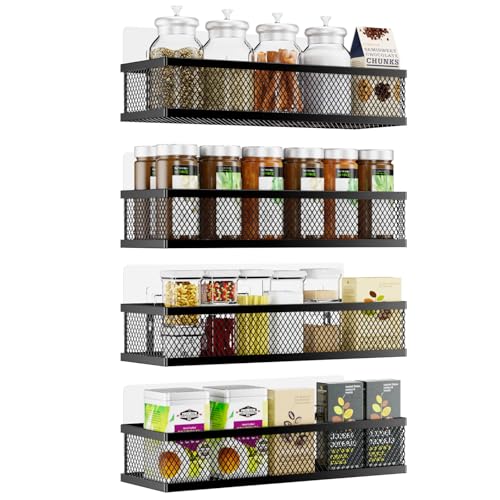 Black Wall Mount Spice Rack Set - 4 Pack Pantry & Kitchen Organizer