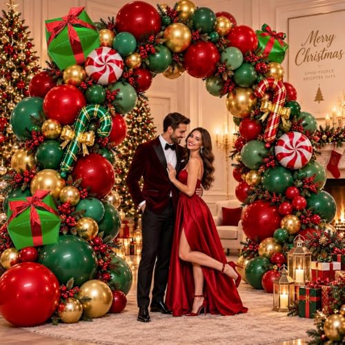 Aurovia Double Stuffed Dark Red, Green, Gold Christmas Balloon Arch Kit with Candy Cane Balloons - Sage Green & Chrome Variations
