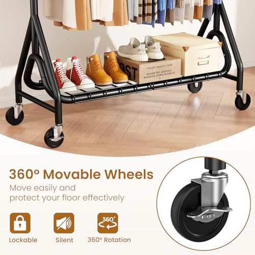 Heavy Duty Clothes Rack with Double Rods & Lockable Wheels - Black, 78-Inch