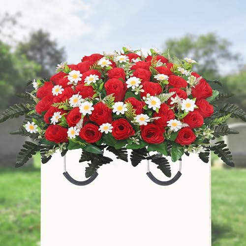 Lodou Red Artificial Cemetery Flower Saddle for Memorial Graves Headstones