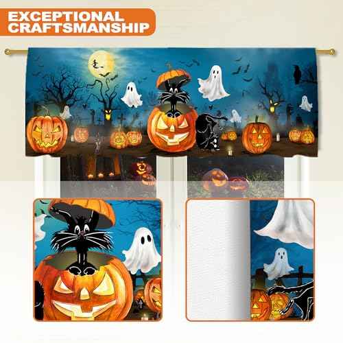 Halloween Valance Curtain for Kitchen, Halloween Decorations Black Cat Ghost Window Valance for Living Room Bedroom, Blue Valance 18" X 54" Pumpkin Decor Window Treatment Rod Pocket Valances