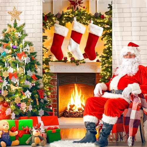 Christmas Fireplace Door Cover Banner with Stockings & Sign - Photo Booth Prop Background for Holidays Indoor/Outdoor
