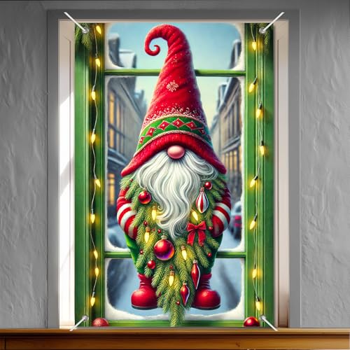 IVN Christmas Gnome Window Banner 31x47 Inch - Santa Hat, Pine Branch Holiday Decor