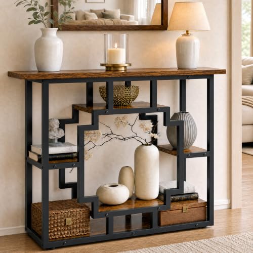 Entryway Console Table with Storage Shelves - Rustic Brown 41.3 Inch Narrow Sofa Table