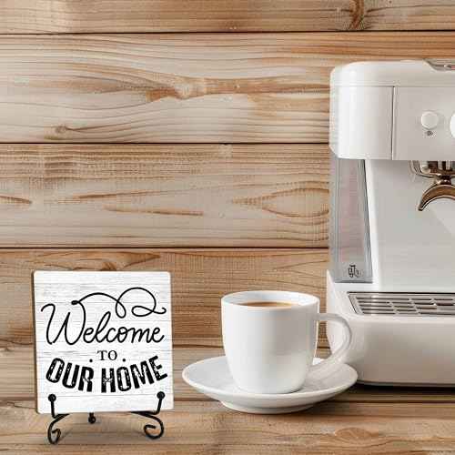 Welcome Home Sign, Farmhouse Wooden Plaque with Iron Stand for Desk Shelf Decor - A16