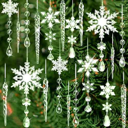 20 Pack Crystal Christmas Ornaments for Tree Decorations, Magicsky Acrylic Snowflake & Icicle & Drop Pendants for Winter Wonderland Santa, Hanging Ornament for Xmas New Year Party DIY D?cor Supplies