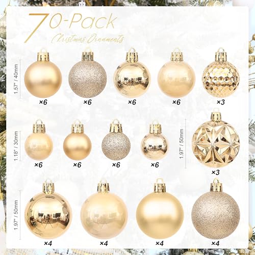 Sea Team Assorted Size Christmas Ball Ornaments 70-Pack Gold Multi-Size 1.18-1.97 inch