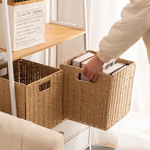 Set of 4 Foldable Storage Baskets with Handles - 11 x 11 x 11 Inches Natural Paper Rope Woven Cubes