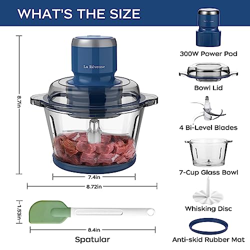 La Reveuse 7-Cup Electric Food Processor with Glass Bowl, Blue - Versatile 300W Kitchen Chopper & Blender