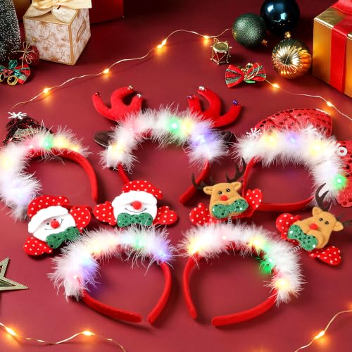 9 Pack Light Up Christmas Headbands with 3 Modes - Assorted Xmas Headwear for Adults & Kids