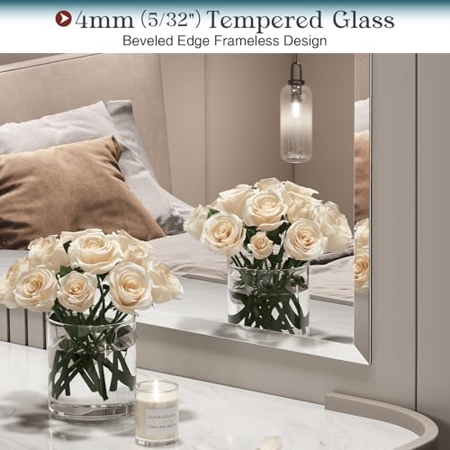 36x30 Inch Frameless Beveled Bathroom Mirror - Wall Mount, Tempered Glass