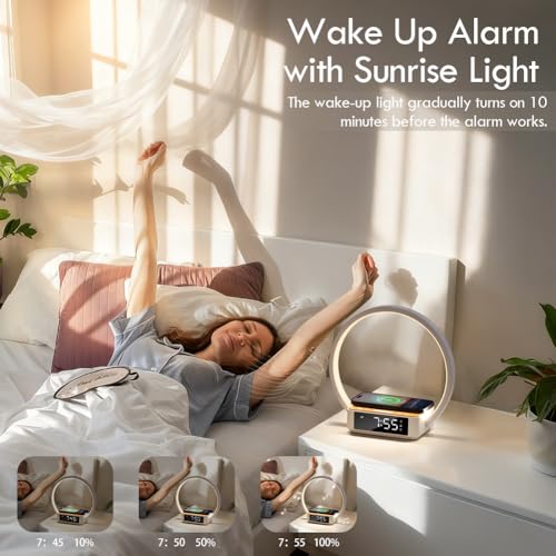 WILIT Bedside Lamp with Alarm Clock & Sunrise Wake-Up Light - Wood Grain Round
