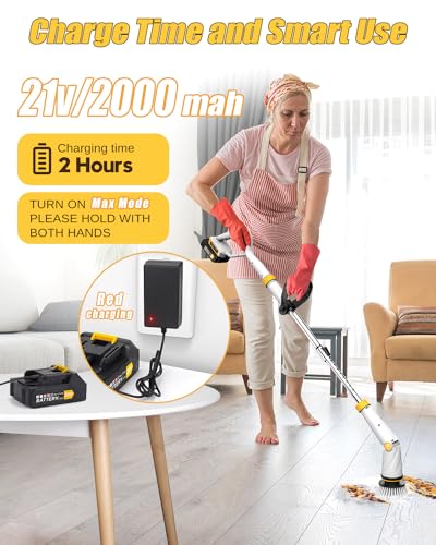 Electric Spin Scrubber with 50-Inch Handle and Smart Display - White, 1500RPM