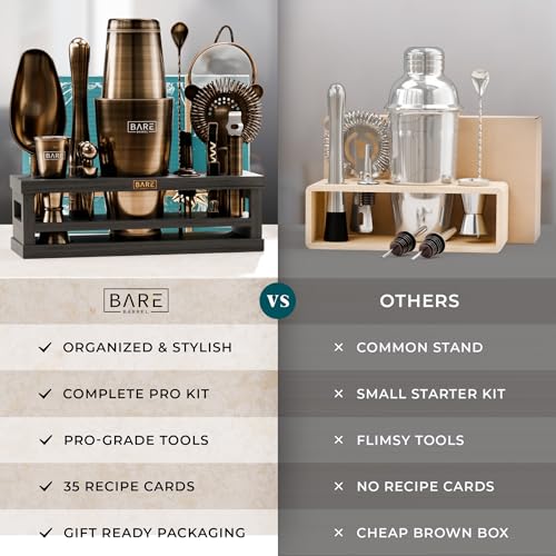 Bare Barrel Brass/Black 28oz Boston Cocktail Shaker Set | Mixology Bartender Kit with 35 Recipe Cards