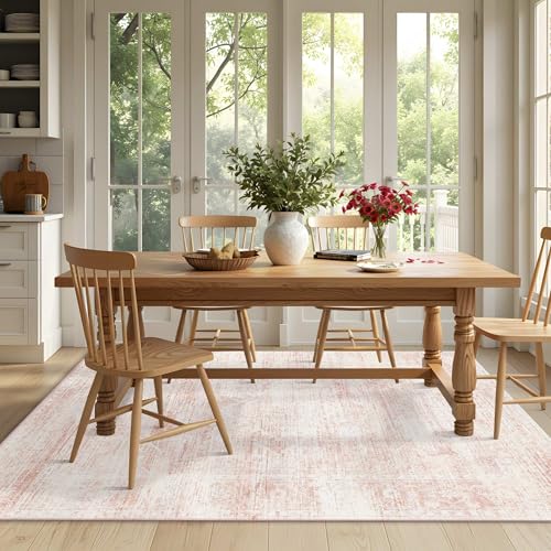Light Pink 5x7 Washable Area Rug for Girls Bedroom & Living Room - Non-Slip Boho Style