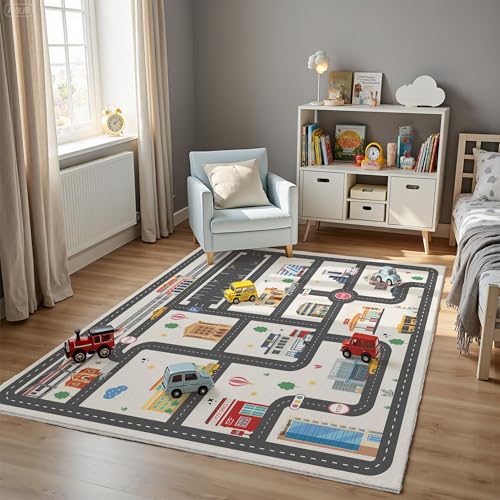 Nayoroom Kids Car Road Playroom Rug 4x6 ft Faux Wool City Map Non-Slip