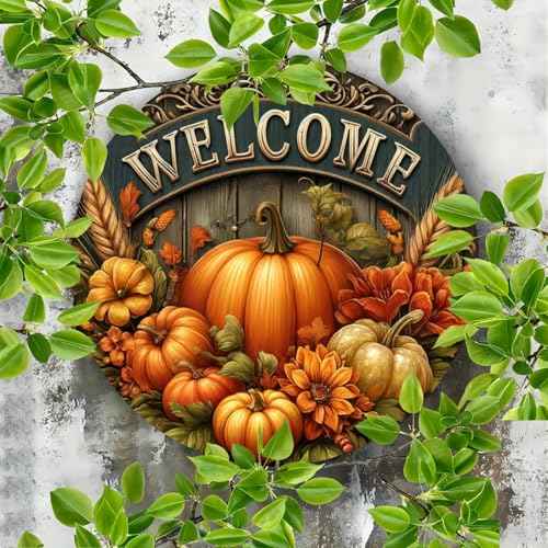 H&W 2D Halloween Welcome Front Door Sign for Decor, 12inch Thanksgiving Day Wooden Welcome Decorative Sign Hanging, Porch Home Wall Outside Decor(A)