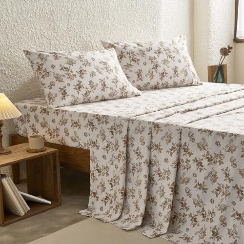 King Floral Bed Sheets Set - Brown Taupe Botanical Bedding with Deep Pocket - Wake In Cloud