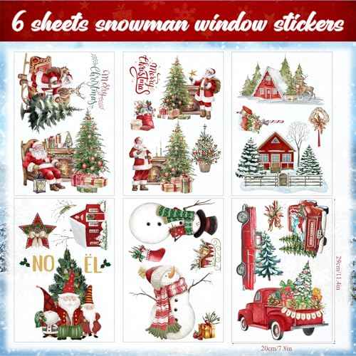6 Sheets Christmas Window Clings Merry Christmas Santa Reindeer Snowman Window Stickers Decals for Glass Xmas Holiday Home Office Decor