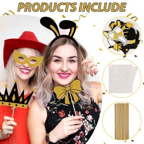 Photo Booth Props, Kaluofan 25PCS Black and Gold Party Decorations, Funny Photo Party Props Accessories for Adults and Kids, Photo Booth Props for Wedding Birthday Christmas New Year¡®s Eve