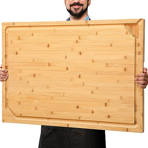 HIWARE Natural Bamboo Cutting Board 30 x 20 Inches Extra Large with Handle & Juice Groove - Kitchen & Charcuterie