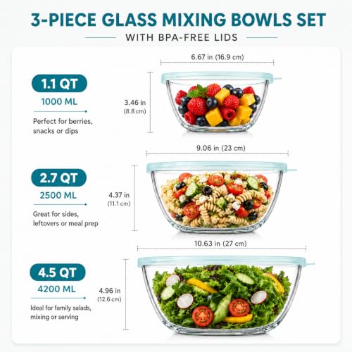 Clear Blue Glass Mixing Bowls with Lids Set - 3-Piece Kitchen Food Prep & Storage