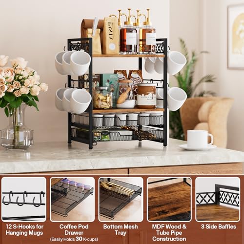 Coffee Station Organizer with Mug Hooks and 4-Tier Pod Storage - Countertop Coffee Bar