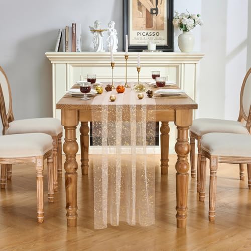 Fanami Beige Gold Glitter Tulle Table Runner 10ft x 28in (2pc) for Wedding & Party