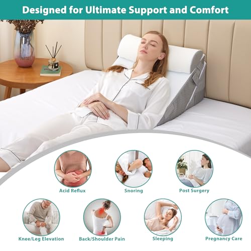 Bedluxe Adjustable Wedge Pillow Set for Post-Surgery Recovery, Orthopedic Bed Wedge, White/Grey, Includes Head Pillow & 10-in-1 Design