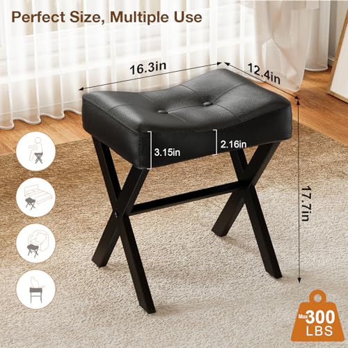 Small Black Leather Vanity Stool Chair - 18-Inch Elegant Saddle Seat