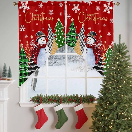 Red Green Snowman Christmas Window Valance 28x36in - 1 Pair Slim Scalloped Swag Curtains