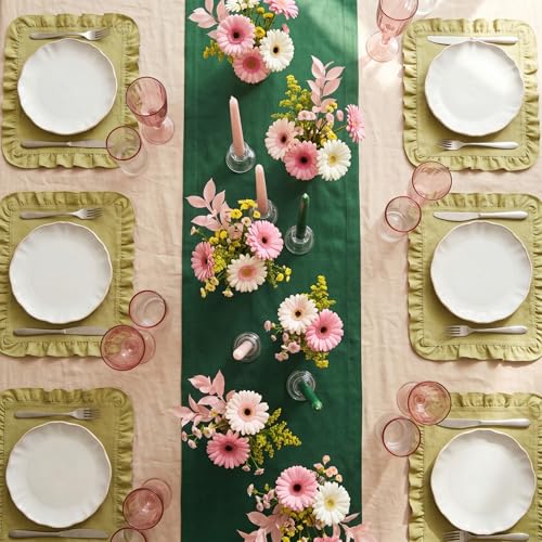 Solino Home 100% Linen Table Runner 14 x 120 Inches Pine Green - Handmade European Flax